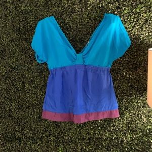 silk blue teal pink short sleeve top
